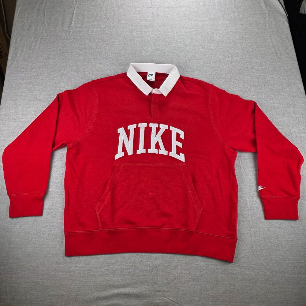 Nike Club Fleece Long Sleeve Polo Rugby Shirt Mens Size XL Red FN3112-657 NWT